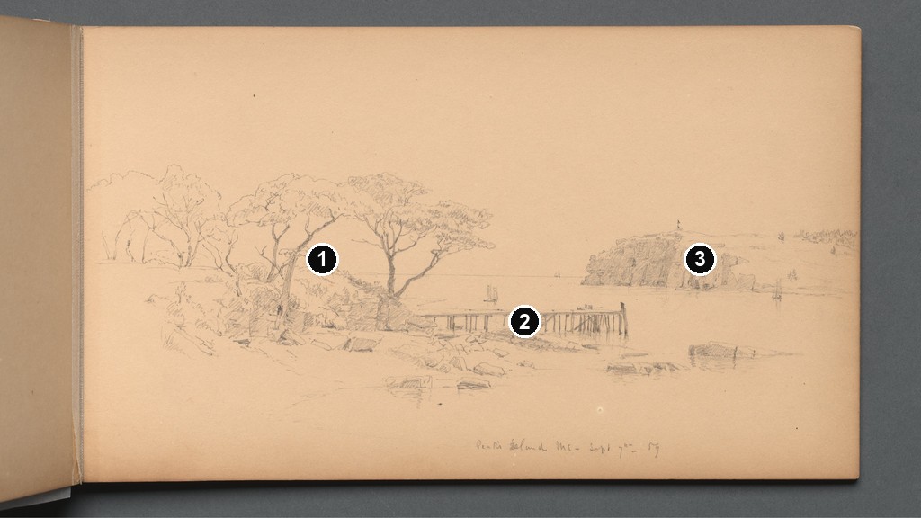 Annotated details from Peaks Island Sketchbook Page 20 by Sanford Robinson Gifford